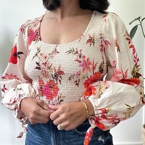 Anthropologie Floral Blouse Size XS/S Smocked Puff Long Sleeve Cotton